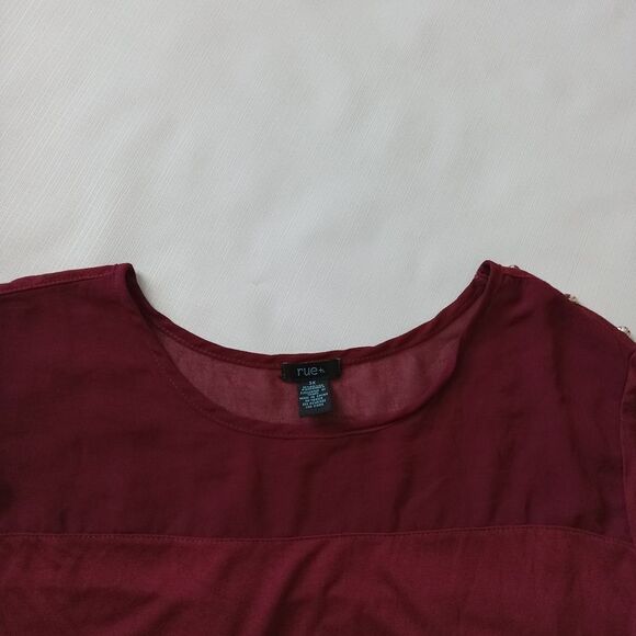 Rue21 Plus Size Maroon Red Sheer Mesh Yoke Roll Tab Sleeves Casual Shirt 3X - Picture 5 of 12